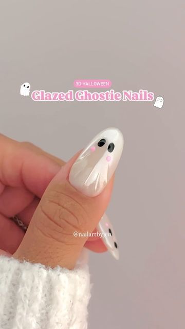 Ghost Face Rhinestone Nails, Black Chrome Nails Halloween, Milky White Nails Halloween, Halloween Nail Designs Black And White, Black Nails With White Ghost, 3d Ghost Nails, Halloween Nails Rhinestones, Glazed Ghost Nails, Ghost Chrome Nails