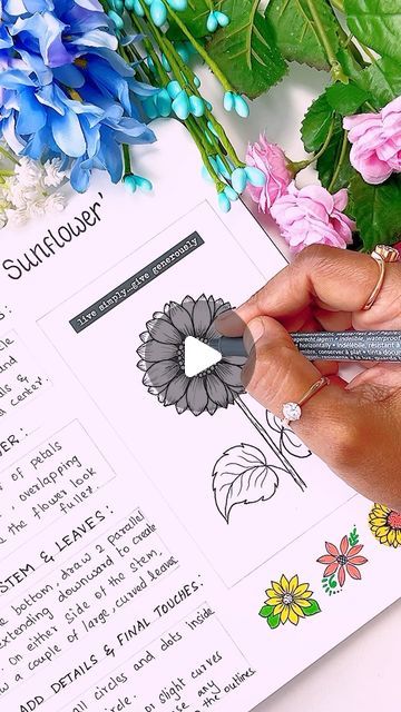 𝗠𝗮𝗵𝗲𝘀𝘄𝗮𝗿𝗶 𝗔𝗿𝘂𝗹𝗸𝘂𝗺𝗮𝗿 on Instagram: "🌻🌿🩵 “SunFlower-How To Draw” … 

Drop me a “🌻” If you find this helpful for learning… 

🌻Here’s a simple step-by-step tutorial for beginners to draw a sunflower sketch:

Step 1: Draw the Center

	•	Start by drawing a small circle in the middle of your paper. This will be the center of the sunflower.

Step 2: Add the Petals

	•	Around the center circle, draw the first layer of petals. Make them long and pointed, like teardrops, and space them evenly around the center.
	•	Draw another layer of petals behind the first, overlapping slightly. This will make the flower look fuller.

Step 3: Draw the Stem

	•	From the bottom of the sunflower, draw two parallel lines extending downward to create the stem.

Step 4: Add the Leaves

	•	On eithe How To Draw Sunflower Petals, Sunflower Drawing Simple Step By Step, Sunflower Drawing Simple, Draw Sunflower, Draw A Sunflower, Sunflower Sketch, Sunflower Sketches, Sunflower Drawing, Draw Two