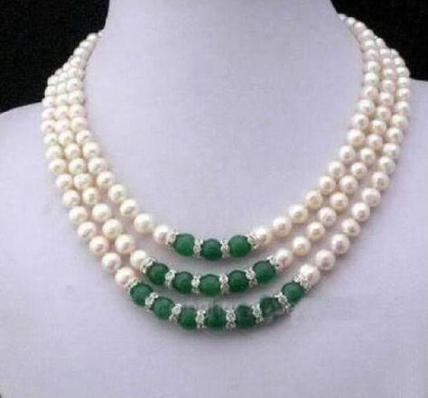 Nowadays, fresh wateC pearls are becoming more and more fashionable for people around the world. 95% of fresh water pearls are grown in China. The annual output is around 1500 tons. - With great quality and affordable price, freshwater pearl has become an popular alternative to the Akoya pearl and south sea pearl. Fresh water pearl has created a renewed fashion in pearls world as an affordable alternative to the costly saltwater pearls, like Akoya, South Sea Pearl and Pearl. Jade Bead Necklace, Round Bead Necklace, Motifs Perler, Saltwater Pearls, White Pearl Necklace, Cultured Pearl Necklace, Gem Necklace, Jade Necklace, Sea Pearl