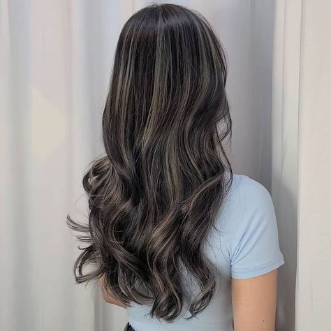 Ash Blonde Streaks On Black Hair, Brown Streaks In Black Hair, One Blonde Streak In Dark Hair, Streaks On Black Hair, Ash Blonde Balayage On Black Hair, Black Hair With Blonde Streak, Black Hair With Ash Highlights, Hair Inspp, Street Racer