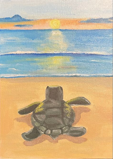 Canvas Painting Ideas Aesthetic Simple, Sea Turtle Painting Acrylic Easy, Easy Turtle Painting, Turtle Painting Ideas, Easy Turtle Drawing, Turtle Painting Acrylic, Sea Turtle Painting, Cute Easy Paintings, Beach Drawing