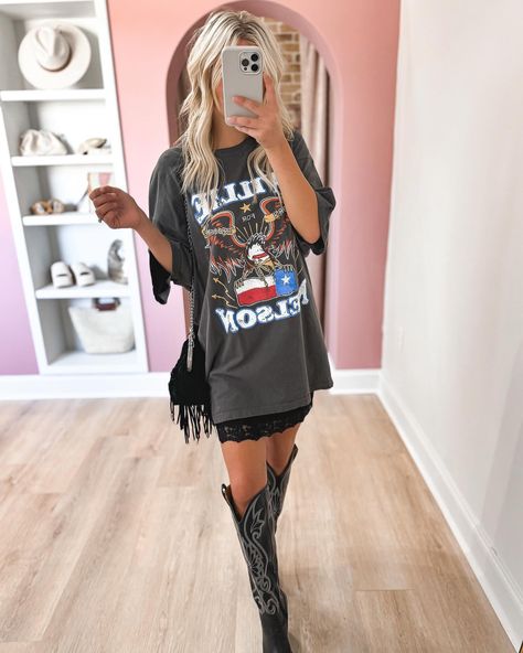 Happy Saturday! New arrivals are now l i v e 📱 Shop online or in-store with us today from 10-4😘 Black Slip Skirt Outfit, Skirt With Tshirt, Slip Skirt Outfit, High Cowboy Boots, Knee High Cowboy Boots, Graphic Tee Outfits, Half Slip, Slip Skirt, Tee Outfit