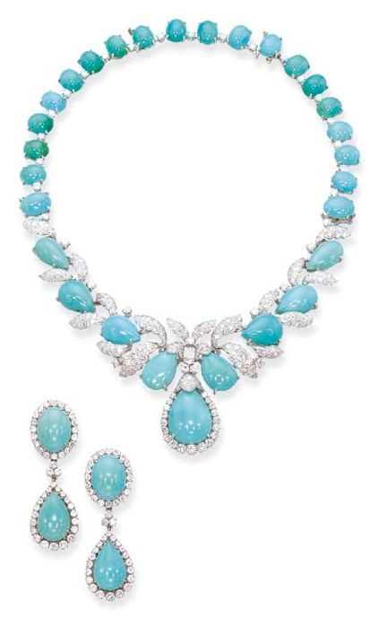 A TURQUOISE AND DIAMOND NECKLACE AND PAIR OF EAR CLIPS, BY DAVID WEBB  The foliate motif cabochon turquoise and diamond necklace also forming a pendent brooch and bracelet, with a matching pair of cluster ear clips with detachable pendants, mounted in platinum and 18k white gold, circa 1955, necklace 38.0 cm long, brooch 5.2 cm long, bracelet 17.0 cm long, ear pendants 5.2 cm long Signed Webb for David Webb Bijoux Art Deco, Diamonds And Pearls, David Webb, Ear Clips, Fabulous Jewelry, Stunning Jewellery, Diamond Pendant Necklace, Gorgeous Necklaces, Modern Jewelry