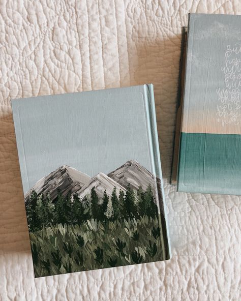 Painted Bible Cover Mountains, Painting On A Book Cover, Painting On Journal Cover, Painted Bible Mountains, Painting A Bible Cover, Bible Art Cover, Painted Journal Covers Notebooks, Bible Covers Painted, Bible Verse Acrylic Painting