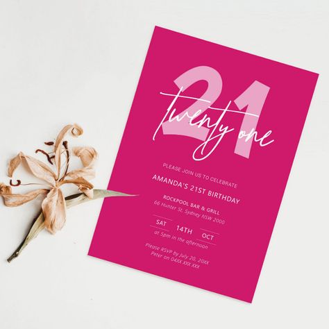 Hot Pink 21st Birthday, Pink 21st Birthday, Modern Birthday Party, Hot Pink Background, 21st Birthday Party, 21st Birthday Invitations, Modern Birthday, Minimalist Typography, Birthday Party 21