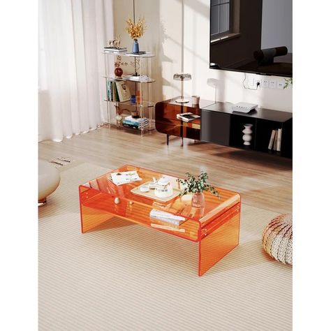 Plexi Glass Coffee Table, Colored Glass Coffee Table, 70s Funky Interior Design, Plexiglass Coffee Table, Orange Couch Living Room, Bedroom Accent Table, Acrylic Furniture Design, Bauhaus Coffee Table, Statement Coffee Table