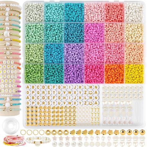 PRICES MAY VARY. Bracelet Making Kit: Our seed beads have stunning color scheme, even the light, desaturated colors seem to pop somehow. Different color schemes or styles produce different kinds of jewelry. Not only does this bead kit inspire creativity, it also exercises concentration 3mm Seed Beads: A box contains about 10000pcs 3mm seed beads in 24 colors and full of accessories like lobster clasps, faux pearls, letter beads and more, perfect for friendship bracelet making, you can DIY anythi Bracelet Bead Kits, Bracelet Bead Kit, Beads For Bracelets Kit, Bracelet Kits Diy, Bead Kits Jewelry Making, Small Bead Bracelets Ideas, Bead Friendship Bracelets, Bead Bracelet Making, Friendship Bracelet Making