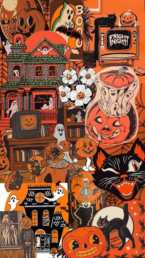 retro halloween Cottage Core Halloween Wallpaper, 90s Halloween Wallpaper, Vintage Halloween Collage, Halloween Wallpaper Backgrounds Vintage, Halloween Collage Art, 70s Halloween Decor, October Graphic Design, Halloween Glitter Wallpaper, Halloween Collage Aesthetic