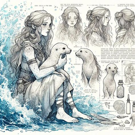 Page 9 - 12: "Dwellers of the Cold Seas" #aiart #aiartcommunity #aiartwork #fantasy #fantasyart #fantasyartwork #sea #mythical #ocean #siren #mermaid #selkie #fieldguide #beastiary #sketch Selkie Fantasy Art, Mythical Ice Creatures, Selkie Mythology Art, Selkie Mythology Drawing, Siren Poses Reference, Selkie Tattoo Celtic, Selkie Core Aesthetic, Selkies Seal, Selkie Male