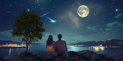 Photo couple sitting on a rock watching ... | Premium Photo #Freepik #photo #relationship #lovers #moon-background #mountain-night Photo Relationship, Couple Cartoon Pictures, 16:9 Backgrounds, Watching The Moon, Lovers Images, Best Pov, Cute Love Photos, Couple Sitting, Green Screen Background Images