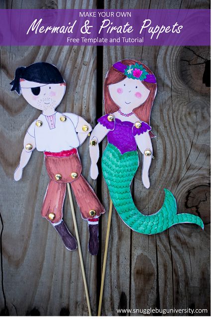 Snugglebug University: Mermaid and Pirate Puppets free template and tutorial so you can color your own! Mermaid Puppet, Dayhome Ideas, Mermaid And Pirate, Pirate Party Games, Theatre Crafts, Mermaid Pirate Party, Pirate Crafts, Puppets For Kids, Mermaid Party Favors