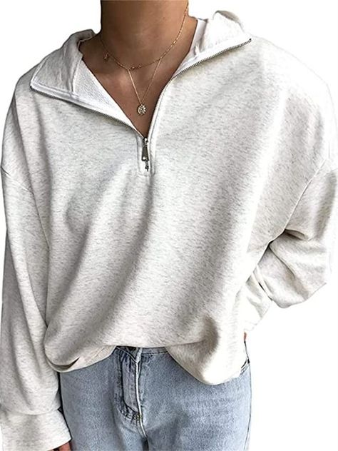 Fronage Quarter Zip Pullover Women Lapel Oversized Sweatshirt! 😍 Quarter Zip Sweatshirt Outfit, Zip Sweatshirt Outfit, Quarter Zip Outfits, Quarter Zip Pullover Outfit, Zip Pullover Outfit, Cute Winter Fashion, Pullover Women, Sweatshirt Outfit, School Fits