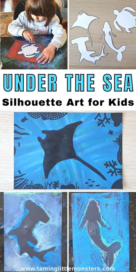 Under the Sea Silhouette Art for Kids. A fun arts and crafts activity for preschoolers and kindergarteners to try this summer. #artsandcrafts #summer #preschool #kindergarten Under The Sea Silhouette, Sea Silhouette, Under The Sea Crafts, Ocean Theme Preschool, Art Docent, Summer Arts And Crafts, Summer Art Projects, Summer Camp Activities, Summer Camp Crafts