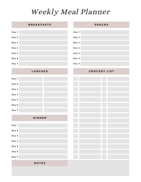 Weekly Meal Planner with Section for Grocery List. Version includes 2 pages, one with and without a snack option. Busy Family Organization, Meal Prep Plan, Healthy Eating Guide, Meal Schedule, Meal Prep Planner, Meal Prep Tips, Planning Routine, Weekly Layout, Diet Planner