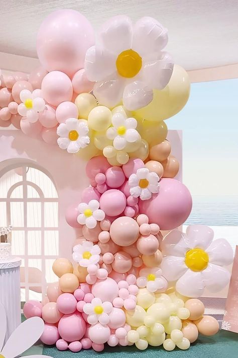 Bring the joy of spring to your Easter decor with our Daisy Pastel Balloons Garland Arch Kit! 🐣 Perfect for adding a pop of color to any celebration. #EasterDecor #SpringVibes Spring Balloon Arch, Daisy Party Theme, Daisy Baby Shower Theme, Daisy Balloon Garland, Pastel Balloon Arch, Flower Balloons, Easter Theme Party, Groovy Daisy, Baby First Birthday Themes