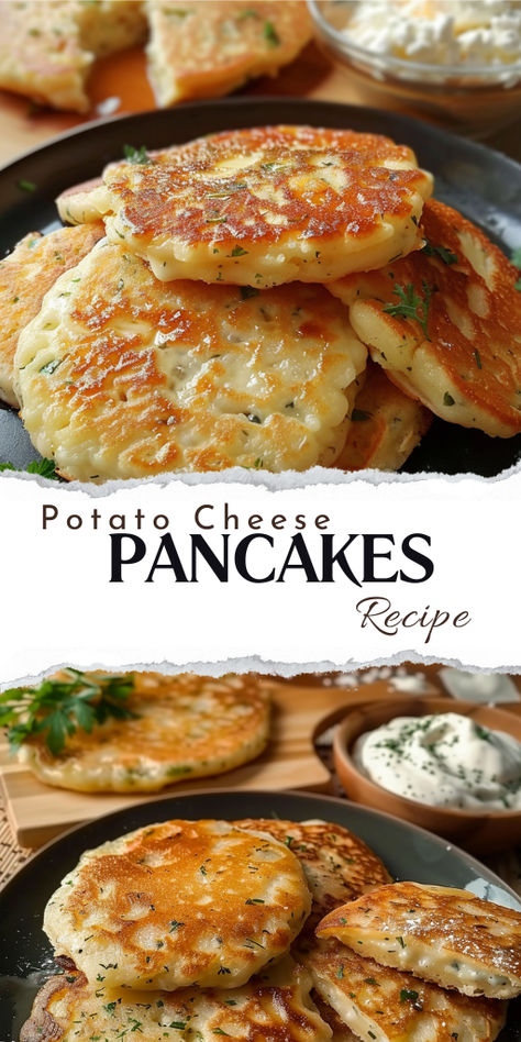 Experience comfort food at its finest with our Potato Cheese Pancakes. Crispy on the outside, fluffy on the inside, and packed with cheesy goodness! 🥔🧀 #ComfortFood #PotatoCheesePancakes #SavoryTreats #HomemadeGoodness #BrunchIdeas Grated Potato Pancakes, Potato Cheese Pancakes, Easy Potato Pancake Recipe, Cheesy Potato Pancakes, Pancakes Crispy, Potato And Eggs, Savory Potato Pancakes, Cheese Pancakes Recipe, Potato Pancakes Easy