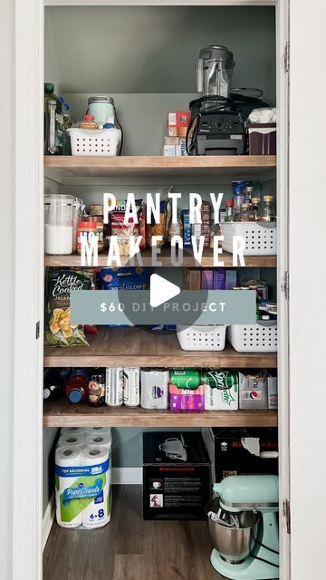 Amanda Vernaci | Come Stay Awhile on Instagram: "Our pantry was in desperate need of a makeover and for $60 I turned it into ✨ this ✨ . Sure, I could of gotten fancy clear containers to impress you BUT if I’m real… that just isn’t us. We will be lucky if we can keep it this clean for more than a few days 😂  . Materials: - 1 sheet of 1/2in sanded plywood - 2 1x2 pine - stain - paint . Easy peasy weekend project idea! What do you think?! So glad I decided to paint the ceiling! . . #pantryorganization #pantry #pantrygoals #pantrymakeover #homeorganization #diyhomeprojects #diyhome #diyhomeimprovement #ispyraddesign #floatingshelves #diyshelves #pantrystorage #organizationideas #homehacks #budgetfriendly" Pantry Cupboard Ideas Kitchen Organization Small Spaces, Small Pantry And Cleaning Closet, Food Pantry Makeover, Pantry Organization Ideas For Cans, Update Small Pantry Closet, Laundry Room Turned Into Pantry, Closet Turned Pantry Ideas, Pantry Paint Color Ideas, Pantry Painting Ideas