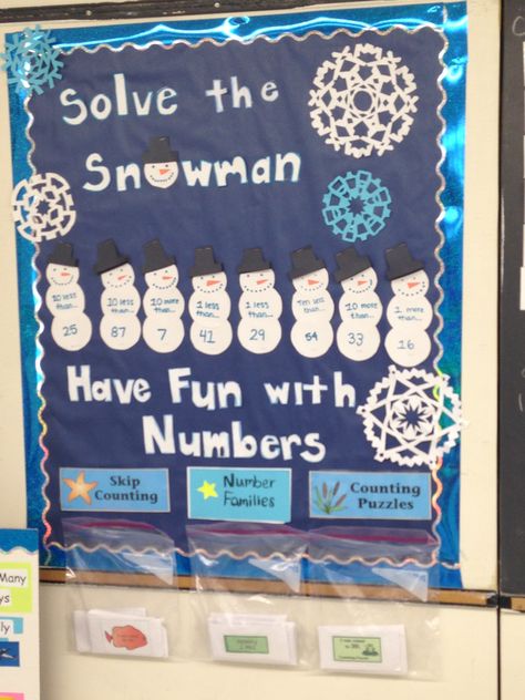 Winter Interactive Math Bulletin Board! Super cute and completely interactive. Math problems are written on the bodies of the snowmen and the answers can be found by looking inside the hat. The bottom is filled with interactive math games that students can use during free time or when completing assignments early. So much fun to make and so cute for the classroom. Plus, I love excuses to make paper snowflakes :) Math Bulletin Boards Middle School, Interactive Math Games, Math Coaching, Snowman Bulletin Board, Stem Night, December Bulletin Boards, Make Paper Snowflakes, Winter Bulletin Board, Christmas Bulletin Boards