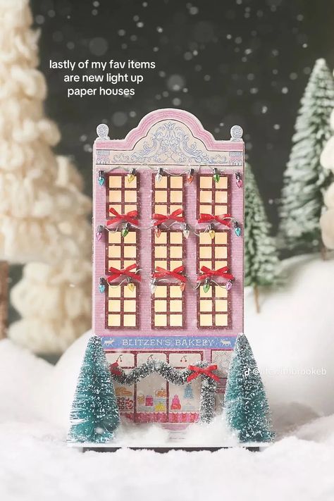 Anthropologie Christmas Houses, Pink Christmas Village, Anthropologie Christmas Decor, Paper Mache House, Village Tree, Anthropologie Christmas, Emily Taylor, Anthropologie Holiday, Glow Forge