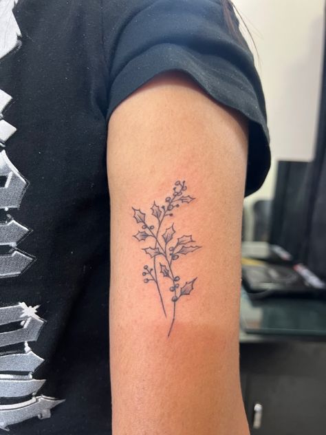 Holly Fine Line Tattoo, December Holly Flower Tattoo, Small Holly Tattoo, December Birth Month Tattoo, Simple Holly Tattoo, Holly Tatoos, Holly Berry Tattoo Simple, Holly Vine Tattoo, Holly Sprig Tattoo