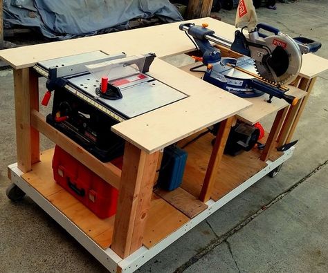 Mobile Workbench With Built-in Table & Miter Saws Workbench Ideas, Table Saw Workbench, Mobile Workbench, Workbench Plans Diy, Diy Table Saw, Tool Bench, Woodworking Shop Projects, Diy Workbench, Garage Work Bench