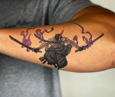 Tattoo Ideas For Men One Piece, Zorro One Piece Tattoo Design, Anime Leg Tattoo Men, Kishi Kaisei Tattoo, Anime Forearm Tattoo, Zoro Tattoo Ideas, Roronoa Zoro Tattoo, Zoro One Piece Tattoo, First Tattoo Ideas For Men