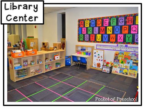 Classroom Reveal!  The library center in a preschool classroom!  Pocket of Preschool Preschool Library Center, Twos Classroom, Preschool Classroom Layout, Preschool Classroom Setup, Preschool Organization, Preschool Library, Pocket Of Preschool, Preschool Room, Library Center