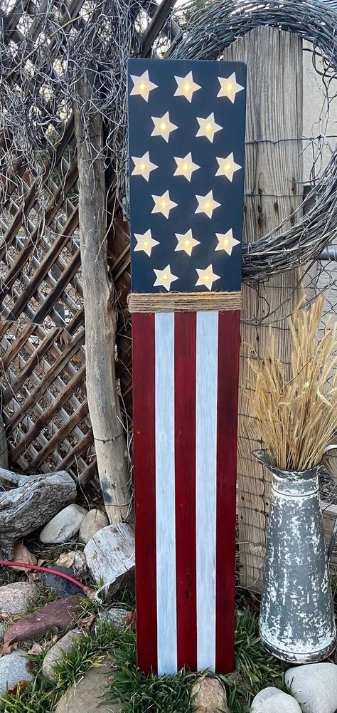 LED Lighted American Flag Patriotic Front Porch Sign Wooden - Etsy Fourth Of July Wooden Signs, Flag Porch Leaner, 4th Of July Decorations Indoor, Porch Signs Diy, Front Wall Tiles, Wall Tiles Ideas, Vintage Americana Decor, Patriotic Porch Signs, Patriotic Front Porch