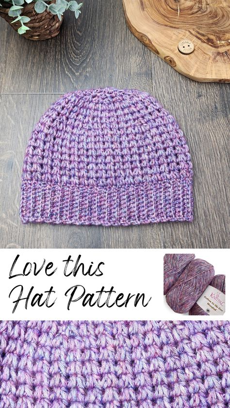 This easy to crochet hat is worked from the bottom-up in one piece. It has great texture and the Love this Hat Pattern is available in 8 sizes. To complete the project you will need just one ball of yarn and a couple hours of time. Crochet Hats For Older Women, Crochet Hat Knit Look, Crochet Ladies Hats, Beanie Hat Pattern Crochet, Crochet Hats For Charity, One Skein Crochet Hat Pattern Free, Crochet Moss Stitch Hat, Crochet Beanie Pattern Free Light Weight Yarn, Crochet Top Down Hat