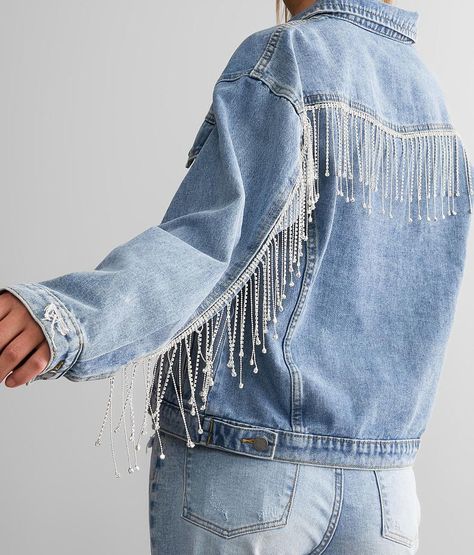 Veveret Rhinestone Fringe Denim Jacket - Blue Small, Women's Denim Button down jacket Destruction details Bust measures 42 on size small Body length 21 1/2 on size small Model Info: Height: 5'10 | Bust: 33 | Waist: 26 | Hip: 36 | Wearing Size: Small. Layering piece(s) and/or accessories sold separately.. 90% Cotton 10% Polyester. Dry clean only.. Measurements: Bust -Fullest part of bust with arms at sides. Waist -Circumference of natural waist: above belly button below rib cage. Hips -Standing w Fringe Denim Jacket, Trendy Denim Jacket, Apple Festival, Lainey Wilson, Fringe Jeans, Rhinestone Fringe, Long Sleeve Denim Jacket, Kimono Sweater, Hot Miami Styles