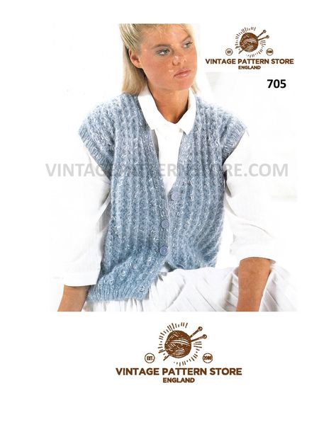 Ladies cap sleeve waistcoat knitting pattern, easy to knit waistcoat, 90s V neck waistcoat, 90s waistcoat - 32" - 40" chest PDF download 705 Waistcoat Pattern, Womens Waistcoat, Knitting Terms, Knit Vest Pattern, Knit V Neck, Vest Pattern, Pattern Store, Pdf Knitting Pattern, Sleeveless Vest