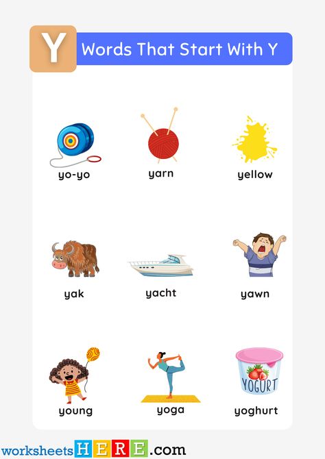 Words That Start With Y List and Pictures For Kids Printable PDF Worksheet - WorksheetsHere.com Y Words For Kids, Y Words List, Kindergarten Tables, Worksheet For Kindergarten, Words List, Y Words, Worksheet For Kids, Tracing Letters, Word List
