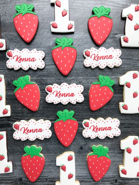 Strawberry Cookies First Birthday, Sweet One Strawberry First Birthday Cookies, Strawberry Themed Snacks, Sweet One First Birthday Theme Strawberry, Strawberry Party Dessert Table, Strawberry Themed 1st Birthday Cookies, Strawberry Theme Cake Pops, Our Berry First Birthday, Berry Sweet One Cookies