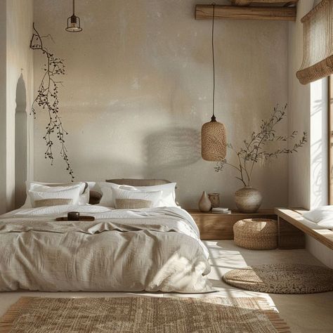 Zen Minimalist Bedroom, Peaceful Bedroom Ideas, Bedroom White Bed, White Boho Bedroom, Japandi Room, Yoga Bedroom, Bedroom Japandi, Room Color Design, Japandi Bedroom Design