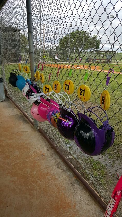 Softball Helmet Hangers!! I had so much fun making these!! The girls loved them and parents loved that they weren't all over the ground.  You can order them from my Etsy Account: "Veroishandy " Softball Dugout, Softball Team Mom, Softball Decorations, Team Mom Baseball, Softball Accessories, Softball Team Gifts, Softball Helmet, Softball Party, Softball Crafts