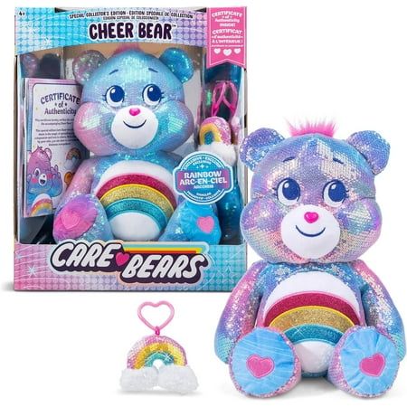 The happiest Care Bear around is ready to dazzle the world like never before - check out this special collectors edition Cheer Bear! Thats right, your favorite Care Bears bestie is ready to show off her sparkly new look as she spreads her message of cheer to all. Featuring vibrant rainbow sequins that sparkle and shine, a glittery rainbow belly badge, AND an exclusive rainbow dangler included - this is a collectors dream. Dont miss out on your chance to take home this unique and beautiful bestie Cheer Bear Care Bear, Doodle Bear, Teddy Ruxpin, White Birthday Cakes, Funshine Bear, Cheer Bear, Care Bears Plush, Hello Kitty Dress, Hugs And Cuddles