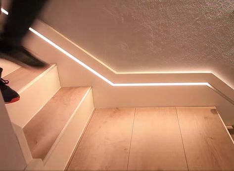 Led Motion Sensor Light Stairs, Stair Case Lighting Ideas, Staircase Lighting Ideas Wall, Hall Lighting Ideas, Staircase Landing Decor, Lake Stairs, Led Hallway Lighting, Stairway Makeover, Austin Lake