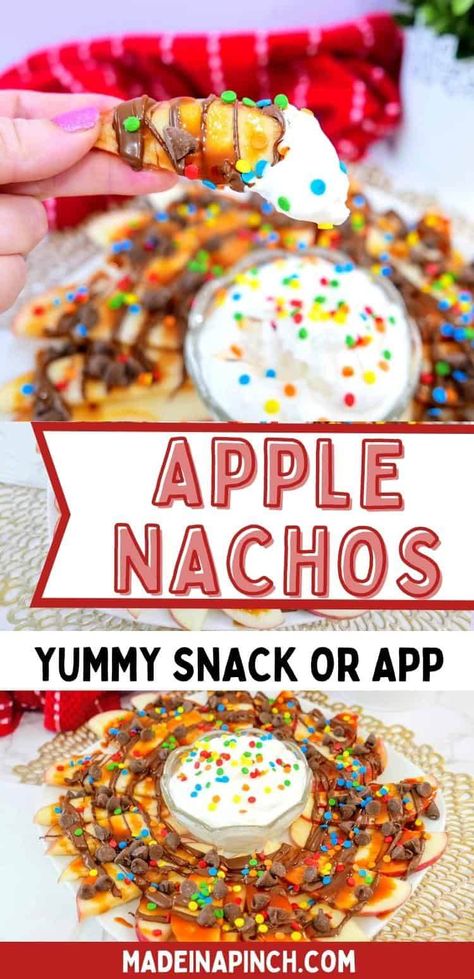 Make this super easy Apple Nachos snack for your kids. It's a fun twist on an already kid-friendly food that will please even the pickiest of eaters! The best part about a snack is that it comes together quickly and with only a few ingredients. These apple nachos are a perfect snack because all you need to do is slice up an apple and sprinkle on your favorite toppings! The accompanying fruit dip is completely optional (but heavenly)! | #kidfriendlysnacks #easysnackrecipes #applerecipes #... Messy Snacks For Kids, Summer Cooking With Kids, Kid Friendly Desserts, Apple Nachos Recipe, Finger Food Desserts, Easy Party Desserts, Easy Nachos, Apple Nachos, Kid Friendly Dessert