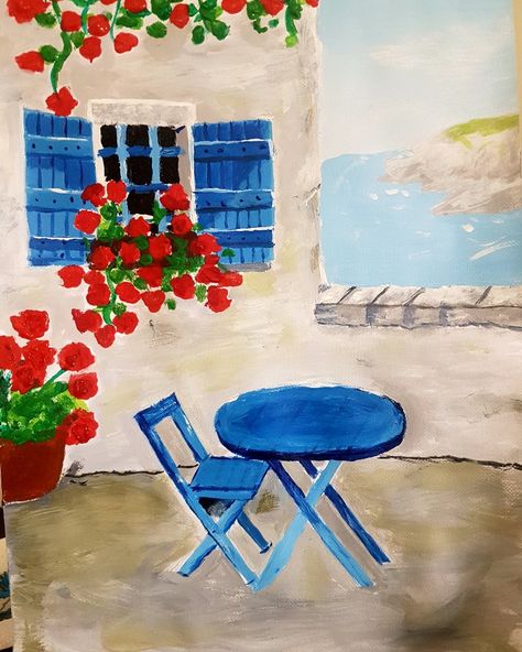 Greece Simple Painting, Painting Ideas On Canvas Greece, Europe Painting Easy, Italian Paintings Easy, Greece Drawing Simple, Greece Canvas Painting, Greece Acrylic Painting, Greece Painting Easy, Italy Painting Easy