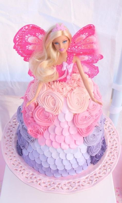 Barbie Dolly Varden Cake, Pink Fairy Birthday Cake, Pink And Purple Barbie Cake, Pink And Purple Barbie Party, Purple Barbie Birthday Party, Dolly Varden Cakes, Unicorn Barbie Cake, Barbie Cake 5th Birthday, Barbie Cookie Cake