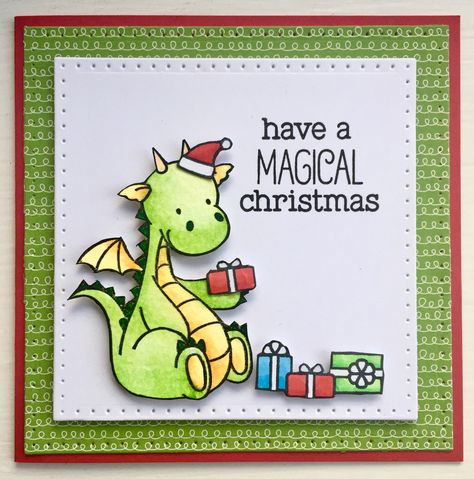 MFT / My Favorite things Magical dragons christmas card coloured with copics. www.clairmatthews.com Dragon Christmas Card, Magical Dragon, Handmade Greeting Card Designs, Christmas Dragon, Dinosaur Cards, Mft Cards, Christmas Card Inspiration, My Favourite Things, Mft Stamps