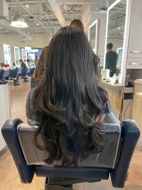 Long Layers Haircut Wavy Hair, Hair Cuts Black Hair, Bombshell Layers, Long Wispy Layers, V Shaped Haircut With Layers, Haircut For Thick Wavy Hair, Layers Black Hair, Black Hair With Layers, Long Layered Hair Wavy