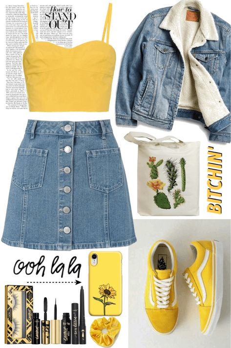 ShopLook outfit design: PoppyLilyG Spring Outfits Retro, Ms Honey Aesthetic Outfits, Orange Inspired Outfits, Sunshine Outfit Aesthetic, Girly 80s Outfits, Yellow Outfits Aesthetic, Honeycore Aesthetic Outfits, Cute Yellow Outfits, Colorful Clothes Aesthetic