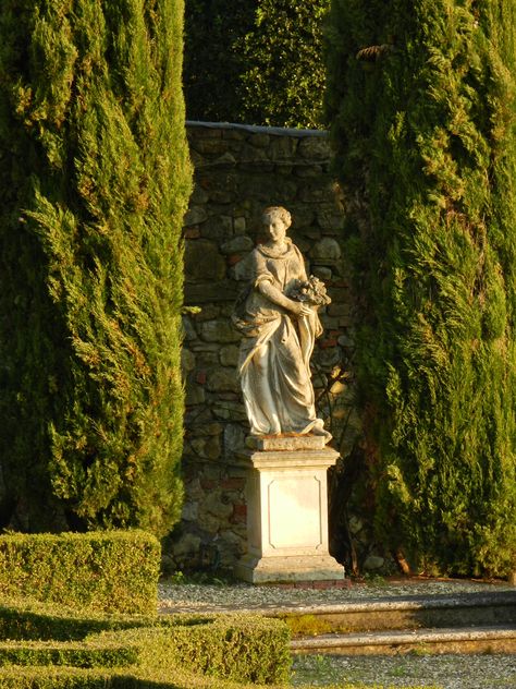 Stone statue basking in the setting sun between typical cypress trees and box wood hedges in the formal Italian garden at La Selva Villa Mansion, in southern Chianti in Tuscany.  Perfect place for an intimate wedding. Stone Statue, The Setting Sun, Goddess Statue, Italian Garden, Stone Statues, Formal Gardens, Cypress Trees, Box Wood, Marble Statues