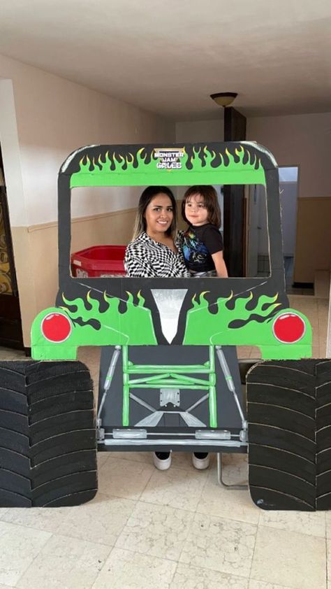 Monster Jam Games Birthday Party Ideas, Diy Monster Truck Photo Prop, Diy Monster Truck Photo Booth, Grave Digger Party Ideas, Monster Trucks Party Ideas, Diy Monster Truck Party Decorations, Monster Jam Birthday Food, Monster Jam Party Games, Monster Jam Party Decorations Diy