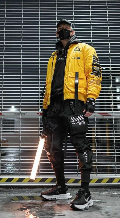 Futuristic Streetwear Men, Cyberpunk Outfits Drawing, Techware Fashion Male, Black And Yellow Cyberpunk, Techwear Jackets Men, Men Cyberpunk Fashion, Cyberpunk Techwear Fashion, Techwear Outfits Male, Cyberpunk Outfit Futuristic