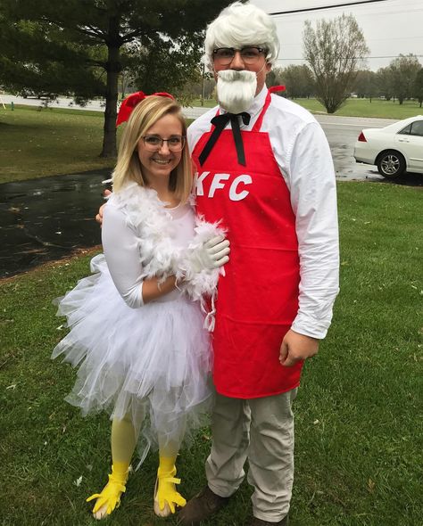 Kernel Sanders And Chicken Costume, Kfc Couples Costume, Womens Chicken Costume, Chicken Costume Diy, Farmer Costume, Couple Costumes For Halloween, Chicken Outfit, Chicken Costume, Halloween Costumes Diy Couples