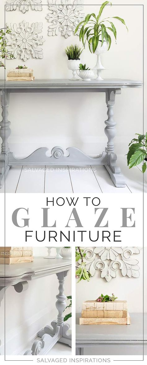 How To Glaze Furniture | Salvaged Console Table Makeover - Salvaged Inspirations Console Table Makeover, Glaze Furniture, Refurbished Furniture Diy, Glazing Furniture, Salvaged Inspirations, Furniture Painting Tips, Vintage Console Table, Table Makeover, Refurbished Furniture