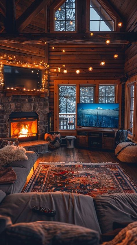 Cozy cabin interior with rustic charm, stone fireplace, plush sofas, and twinkling lights. Timeless elegance and modern comforts in a serene setting. Mountain Cabin Interior, Cozy Cabin Aesthetic, Modern Cabin Interior, Log Home Interior, Cozy Log Cabin, Cabin Aesthetic, Patterned Rugs, Cabin Retreat, Cabin Lighting