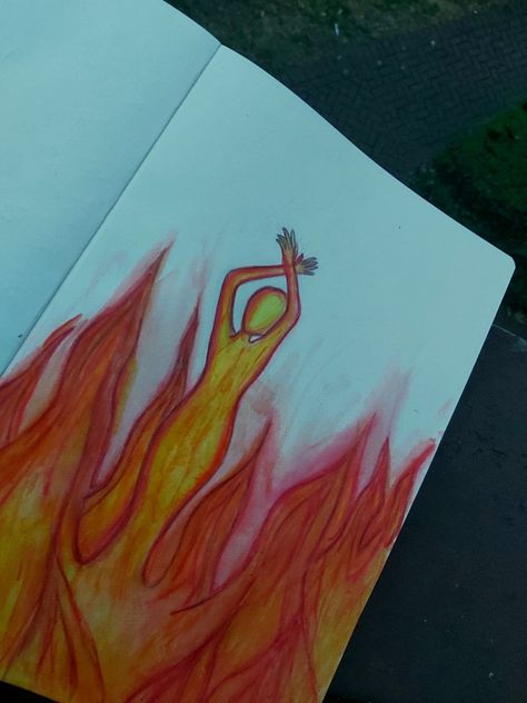 Flower On Fire Painting, Fire Drawings Pencil, World On Fire Drawing, Water And Fire Painting, On Fire Drawing, Fire Ideas Art, Fire And Water Drawing, Fire Painting Acrylic Easy, Fire Element Art